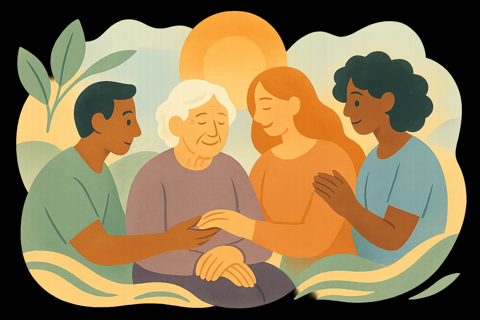 Family holding hands in a warm illustration